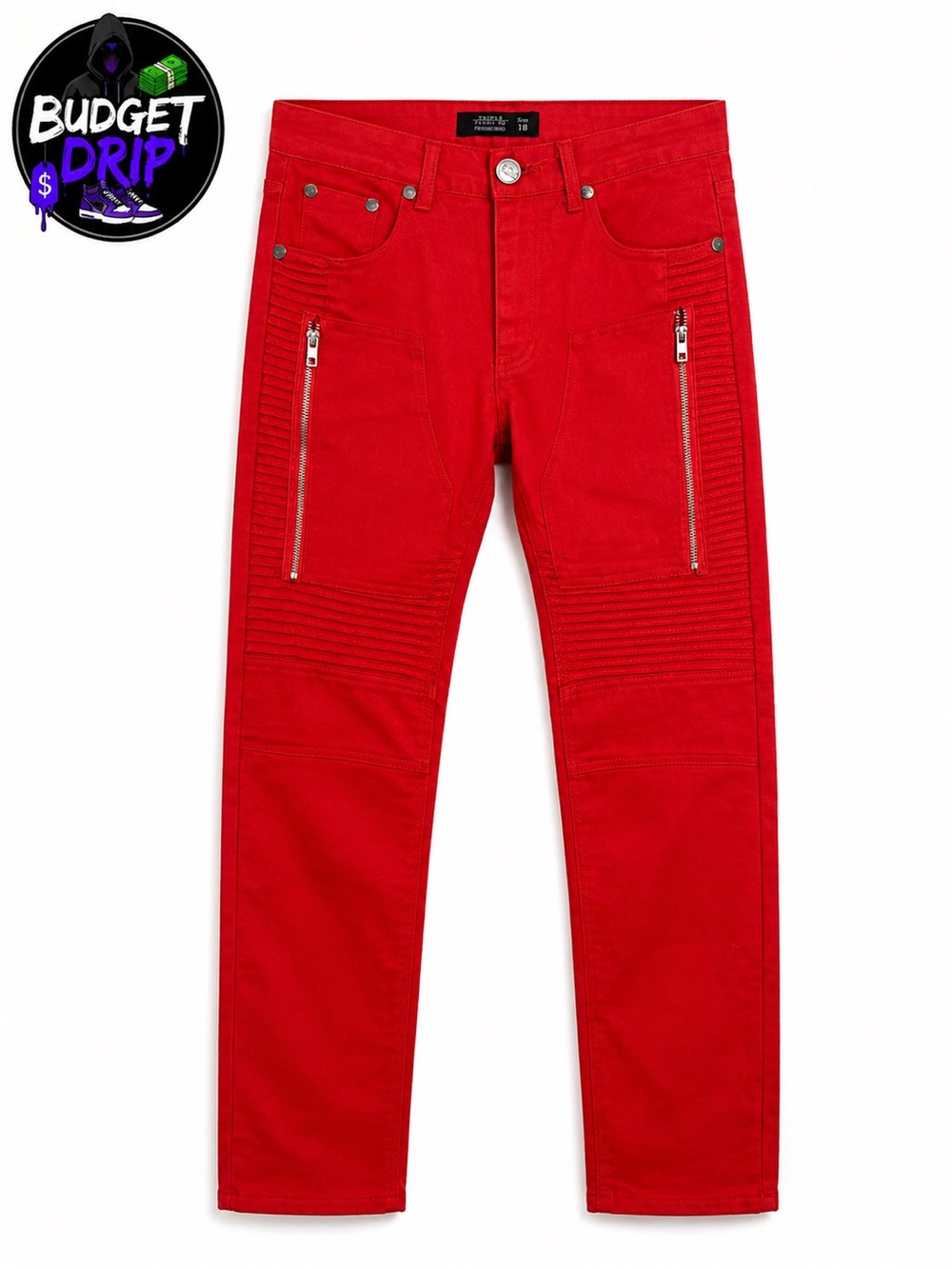 Men's Red Straight Jeans with Moto Stitching